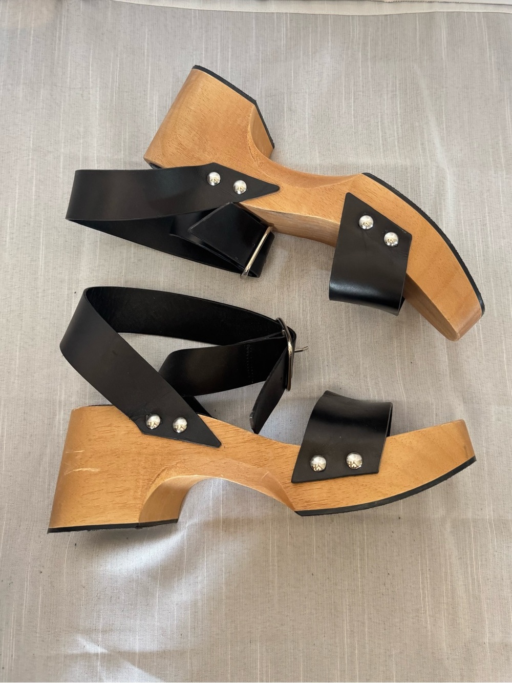Zara Black Strap Wood-Effect Platform Sandals Size 40/9